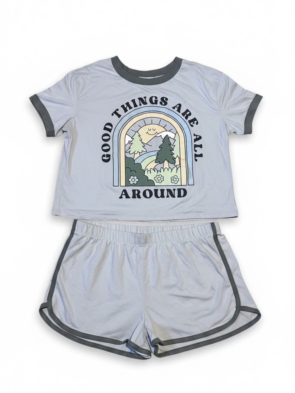 Wound Up Women XL Pajama Set Blue Ringer Crop Top Dolphin Shorts Good Things Sun